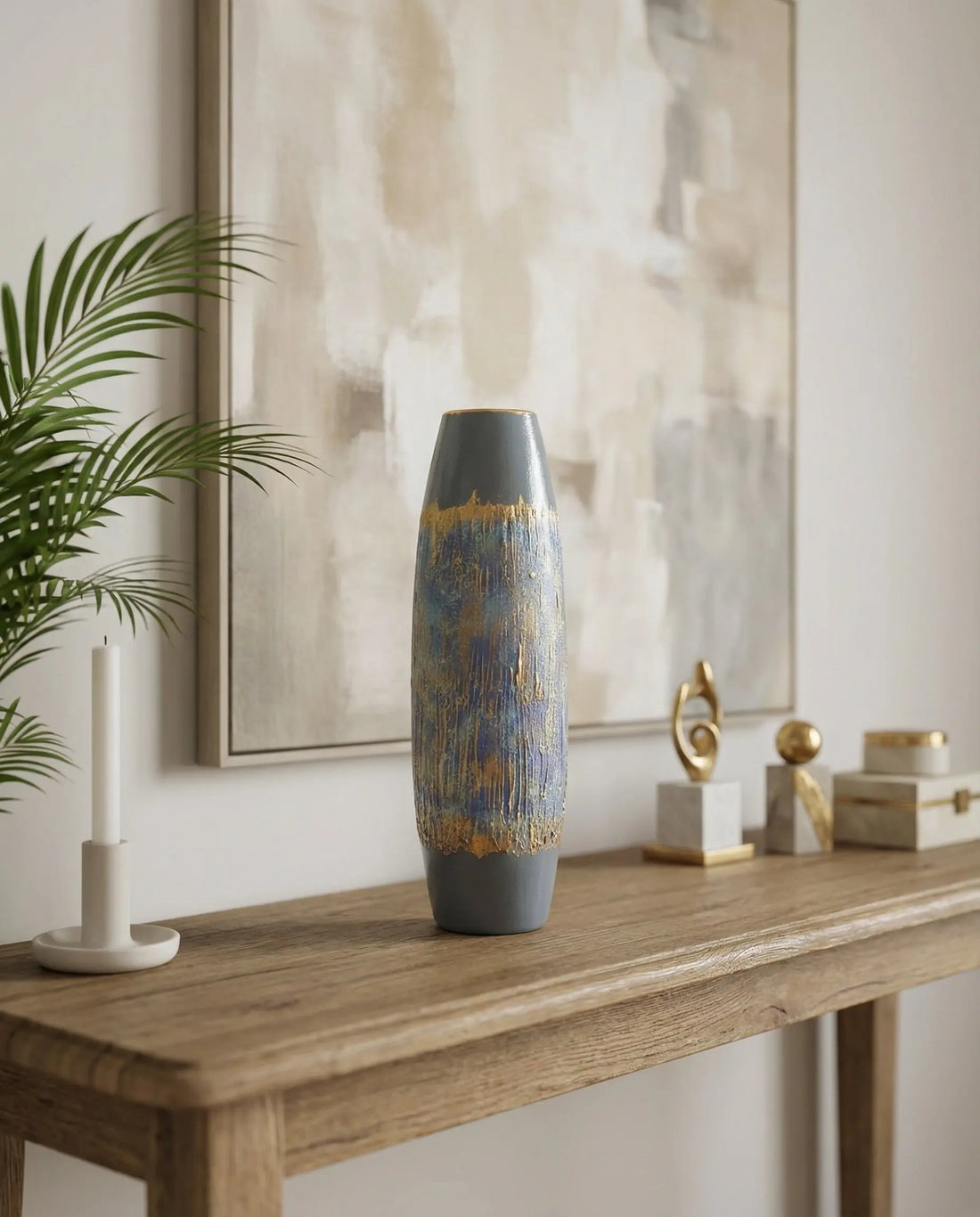 Semavi Cylinder Ceramic Vase (38 cm) – Handmade Blue, Grey & Gold Designer Decor
