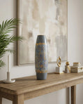 handmade tall cylinder ceramic vase in blue grey and gold for modern interior decor
