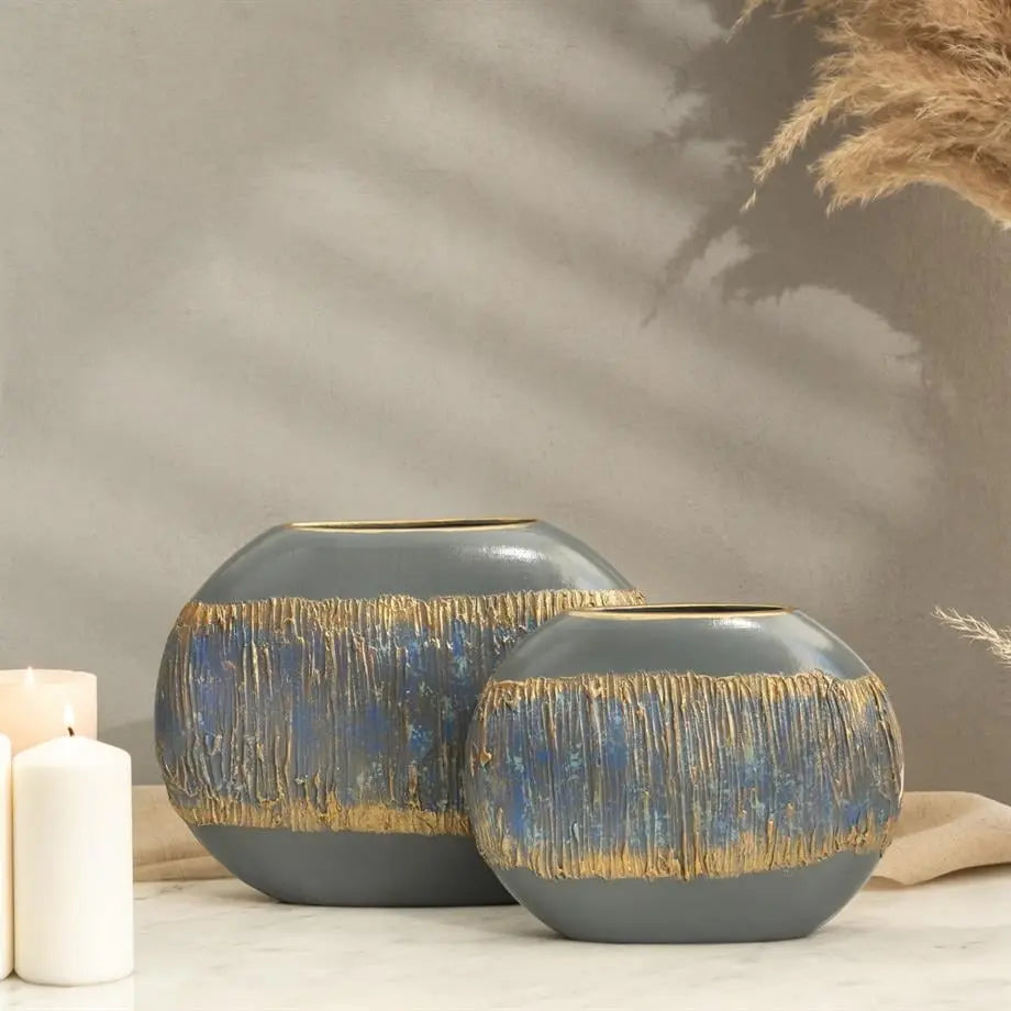 handmade flat ceramic vase set in blue grey and gold for modern interior decor