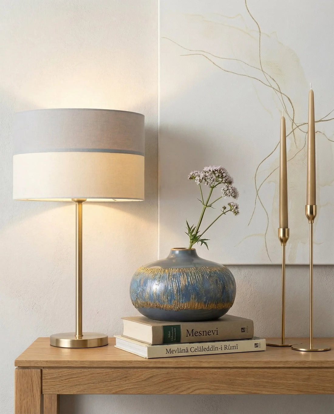 handmade flat ceramic vase in blue grey and gold for modern interior decor