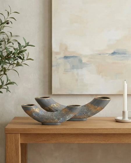 handmade half moon ceramic vase set in blue grey and gold for modern interior decor