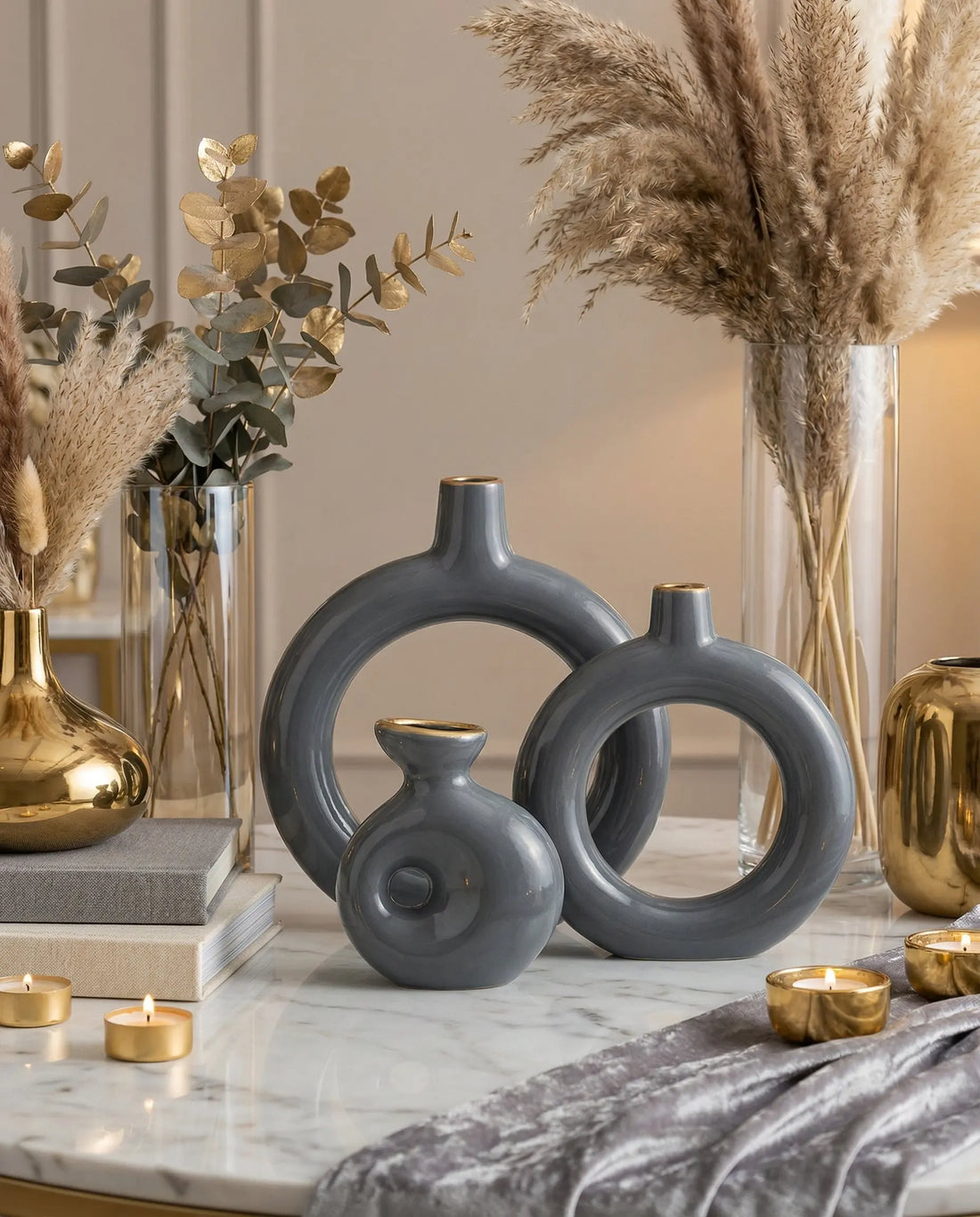 handmade grey and gold ring ceramic vase set for modern interior decor