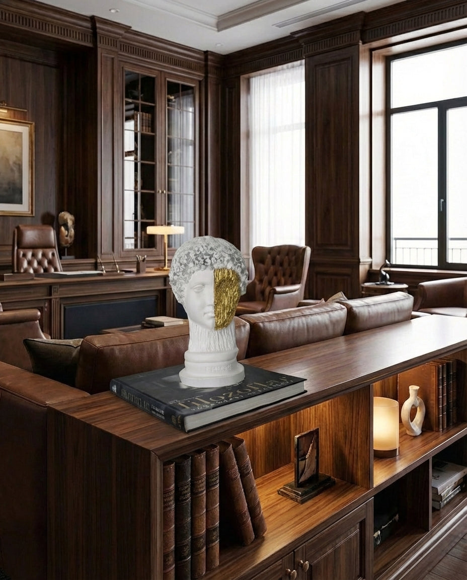 white and gold hermes bust decorative sculpture styled on a console table