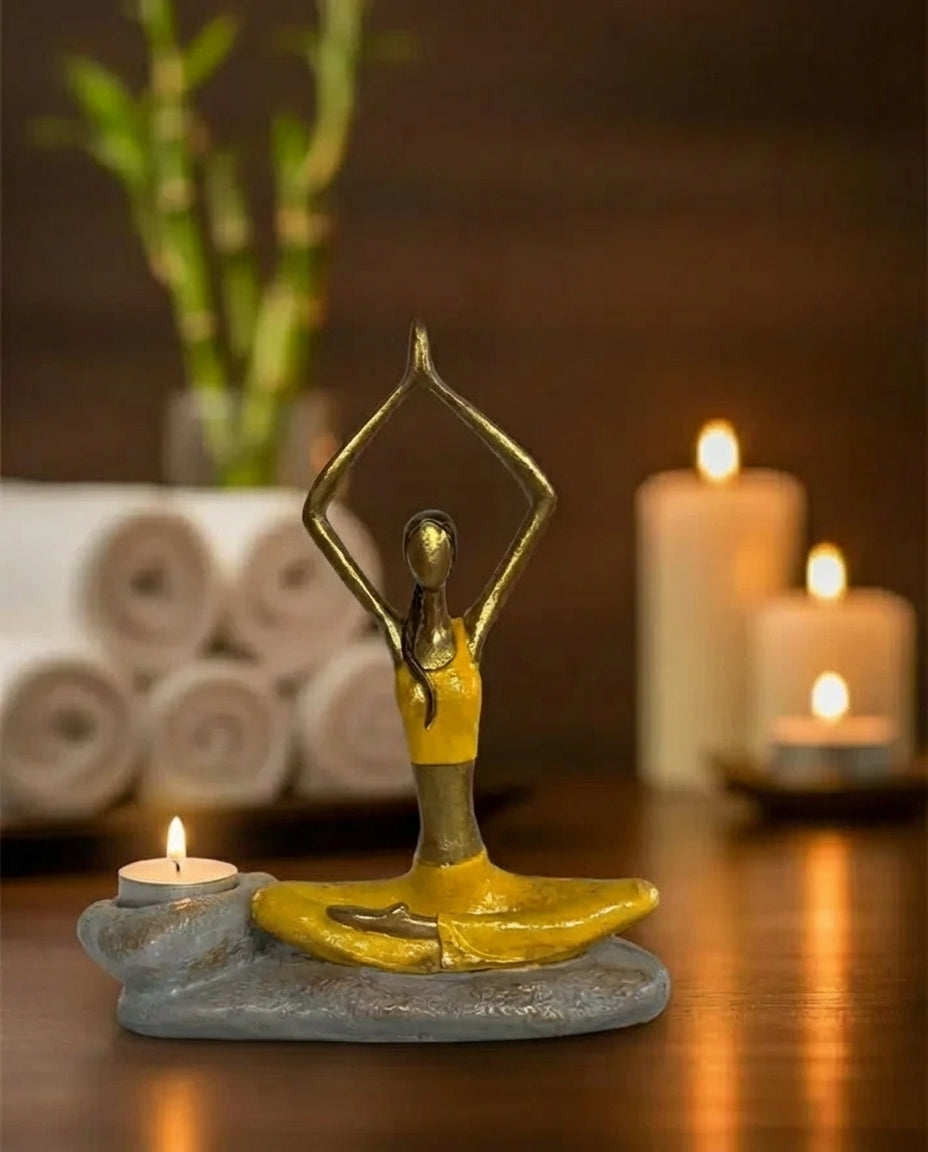 yellow yogini candle holder sculpture for meditation and yoga space decor