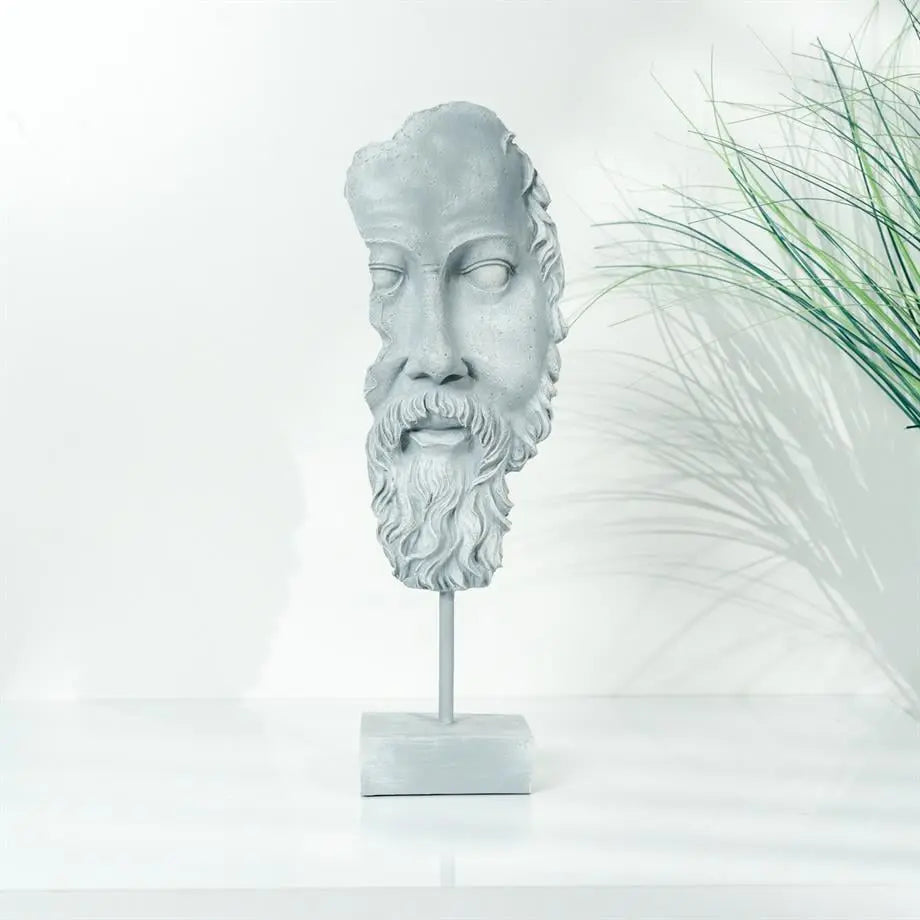 handmade zeus bust sculpture with antique grey distressed finish